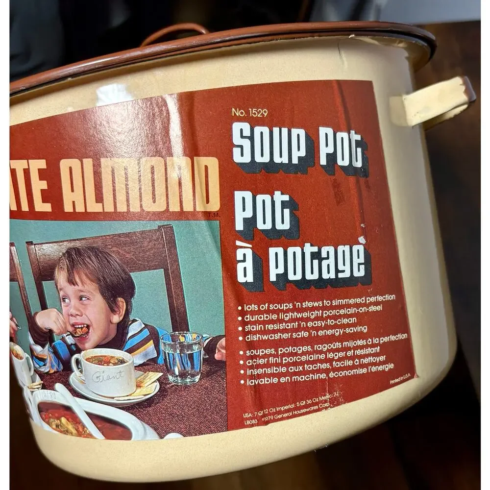 New Vintage 1979 Stock Pot With Lid #1530 Chocolate/Almond Enamel 11Qt 7oz